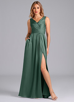 Azazie Karina Bridesmaid Dresses Eucalyptus A-Line Pleated Stretch Satin Dress image1