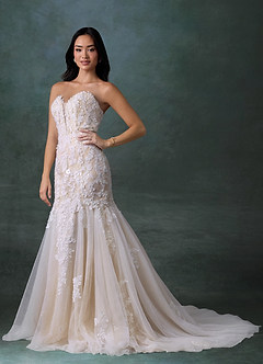 Azazie Chelley Vestidos de novia Vestido Blanco Diamante Nude de Tul de Corte Sirena con Palabra de honor image3