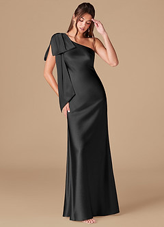 Azazie Capri Bridesmaid Dresses Black Sheath One Shoulder Metallic Satin Dress image1