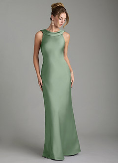 Azazie Aussie Vestidos de damas de honor Vestido de Matcha de Satén Elástico de Corte Recto con Plisado image1