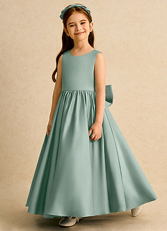 Azazie Nellia Blumenmädchenkleider A-Linie Schleifen Matte Satin Kleid Silberner Salbei image3