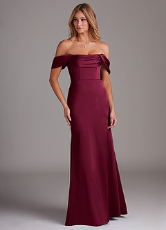 Azazie Saige Bridesmaid Dresses Burgundy Sheath Off the Shoulder Stretch Satin Dress image4