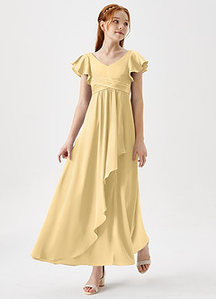 Azazie Omari Junior Butter A-Line Pleated Stretch Satin Dress image3