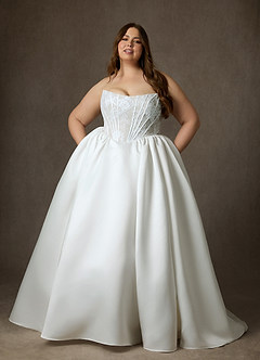 Azazie Mirabeth Trouwjurken Jurk van Kant met Baljurk Strapless Diamant Wit image6