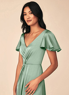 Azazie Soren Bridesmaid Dresses Agave A-Line Pleated Stretch Satin Dress image7