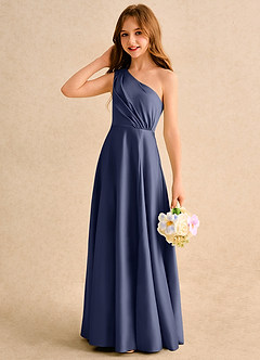 Azazie Puddles Girls Formal Jurken voor bloemenmeisjes A-Lijn Jurk van Mat Satijn One-Shoulder Stormachtig image6