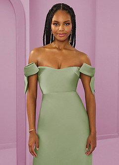 Barbie ♥ Azazie Jurken voor bruidsmeisjes Converteerbaar Jurk van Stretch Satijn met Kolom Off the Shoulder Stoffige Salie image5