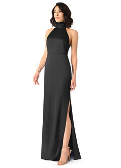 Azazie x Delaney Bridesmaid Dresses Black Sheath High Neck Stretch Satin Dress image2