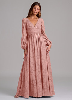 Azazie Norah Jurken voor bruidsmeisjes Jurk van Bloemen Burn-out met A-Lijn Lange mouw Rozet image1