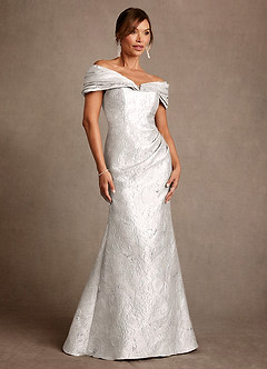 Azazie Adrian Venta Final Vestido de Jacquard De Plata de Jacquard Floral de Corte Recto con Vestidos sin tirantes image2