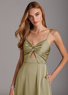 Azazie Jenna Bridesmaid Dresses Moss Green A-Line Pleated Stretch Satin Dress image5