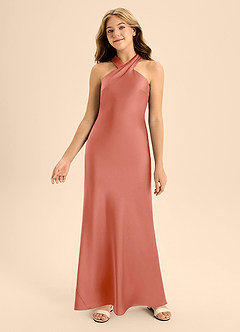 Azazie Doretta Junior Salmon Pink A-Line Pleated Stretch Satin Dress image4