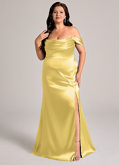 Azazie Saige Bridesmaid Dresses Canary Sheath Off the Shoulder Metallic Satin Convertible Dress image4
