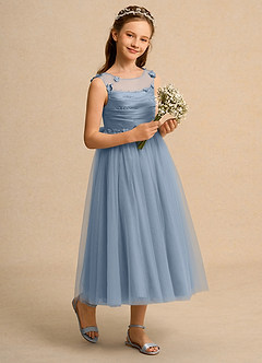 Azazie Snowball Girl Jurken voor bloemenmeisjes Baljurk Jurk van Tule Geplooid Stoffig Blauw image6