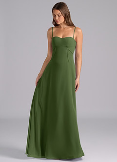 Azazie Valentine Vestidos de damas de honor Vestido de Oliva de Gasa de Corte en A con Corsé image3