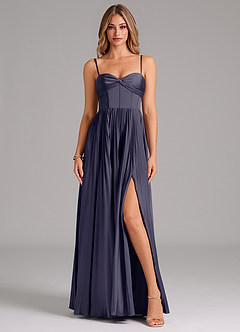 Azazie Akiko Robes de demoiselle d'honneur Robe Trapèze en Satin extensible Encolure en Forme de Cœur Bleu Orageux image1