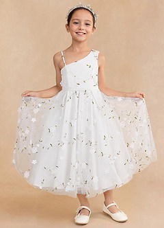 Azazie Ivilia Flower Girl Dresses Ivory A-Line One Shoulder Tulle Dress image3