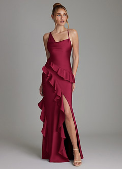 Azazie Jayda Bridesmaid Dresses Burgundy A-Line Ruched Stretch Satin Dress image1