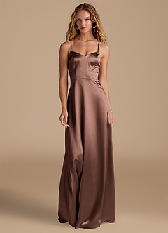 Azazie Mei Brautjungfernkleider A-Linie Metallischer Satin Kleid Espresso image3