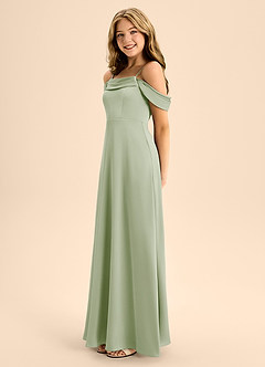 Azazie Anselie Junior Robe Trapèze en Satin extensible Épaule décolletée Vert Sauge image6
