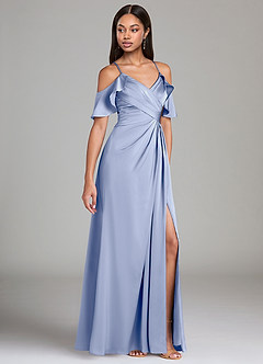 Azazie Dakota Essayer des robes à la maison Robe Trapèze en Satin extensible Épaule décolletée émeraude image1
