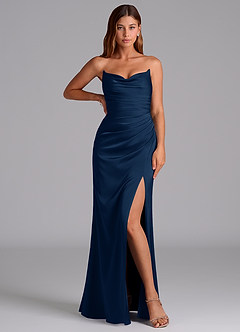Azazie Claudelle Brautjungfernkleider Meerjungfrau-Linie Schulterfrei Stretch-Satin Kleid Dunkelmarine image5