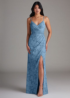 Azazie Maci Bridesmaid Dresses Steel Blue Sheath Pleated Floral Burnout Dress image1