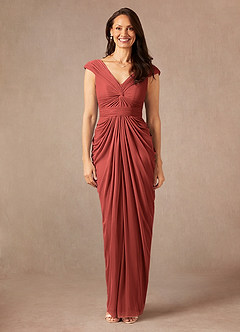 Azazie Lisolette Mother of the Bride Dresses Terracotta Sheath Pleated Mesh Dress image1