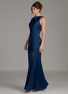 Azazie Kiara Vestidos de damas de honor Vestido de Azul Marino Oscuro de Satén Elástico de Corte Sirena con Plisado image3