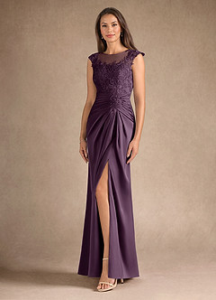 Azazie Santa Barbara Mother of the Bride Dresses Plum Sheath Pleated Stretch Satin Dress image2
