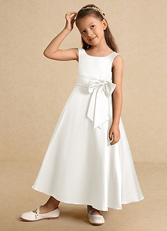 Azazie Lindy Flower Girl Dresses Ivory A-Line Pleated Matte Satin Dress image4