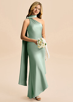 Azazie Briony Junior Agave Sheath Pleated Stretch Satin Dress image4