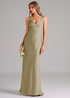 Azazie Kamila Bridesmaid Dresses Moss Green A-Line Pleated Stretch Satin Dress image5