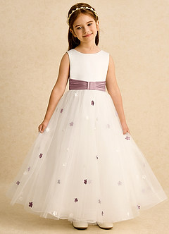 Azazie Cricket Flower Girl Dresses Ivory Dusty Rose Ball-Gown Pleated Matte Satin Dress image4
