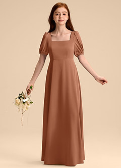 Azazie Briar Junior A라인 절하다 스트레치 새틴 플로어 길이 주니어 신부 들러리 드레스 image5