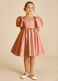 Azazie Muffin Flower Girl Dresses MAI TAI A-Line with Sleeves Matte Satin Dress image2