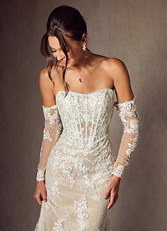 Azazie Caitlin Wedding Dresses Diamond White Nude Mermaid Strapless Lace Dress image3