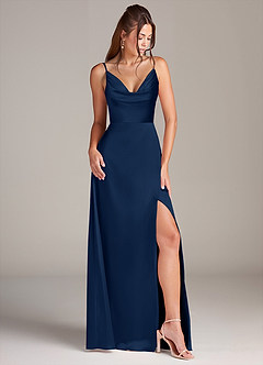 Azazie Sarella Bridesmaid Dresses Dark Navy A-Line Pleated Stretch Satin Dress image3