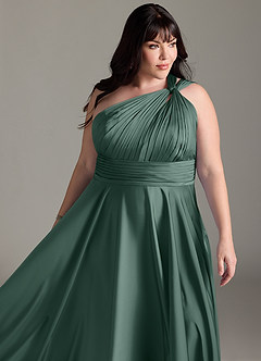 Azazie Charlize Bridesmaid Dresses Eucalyptus A-Line One Shoulder Stretch Satin Dress image15