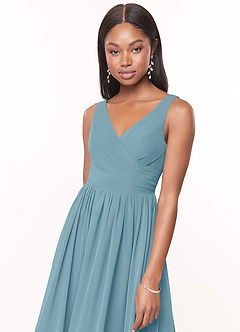 Azazie Keyla Bridesmaid Dresses Moody Blue A-Line V-Neck Pleated Chiffon Dress image5