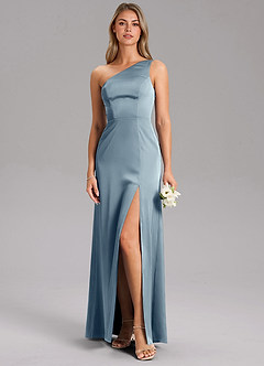 Azazie Feby Bridesmaid Dresses Dusty Blue A-Line One Shoulder Stretch Satin Dress image1