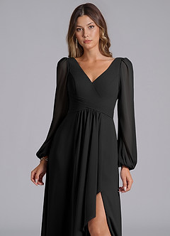 Azazie Liah Bridesmaid Dresses Black A-Line Long Sleeve Chiffon Dress image6