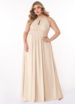 Azazie Bonnie Brautjungfernkleider A-Linie Schlüsselloch Gerüscht Chiffon Kleid Alabaster Weiß image1