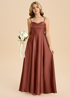 Azazie Bear Junior A라인 스윗하트 네크라인 스트레치 새틴 플로어 길이 주니어 신부 들러리 드레스 image7