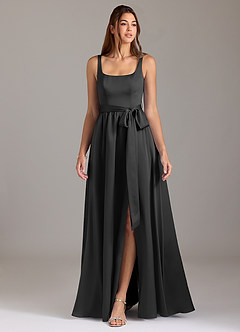 Azazie Elliott Robes de demoiselle d'honneur Robe Trapèze en Satin extensible avec poches Noir image3