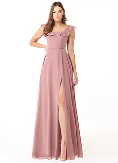 Azazie Jinny Brautjungfernkleider A-Linie Quadratischer Ausschnitt Gerüscht Chiffon Kleid Altrosa image1