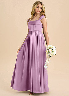 Azazie Hattie Junior Abito A-Line in Raso Elasticizzato Plissettato Glicine image6