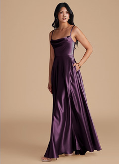 Azazie Elle Brautjungfernkleider A-Linie mit Taschen Metallischer Satin Kleid Pflaume image6