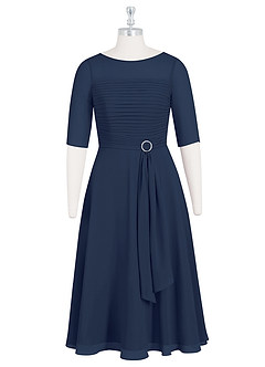 Azazie Naomi Mother of the Bride Dresses Dark Navy A-Line Boatneck Pleated Chiffon Dress image7