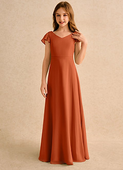 Azazie Nari Girls Formal Robe Demoiselle D'honneur Fillette Robe Trapèze en Mousseline de soie avec manches Orange Brûlée image5
